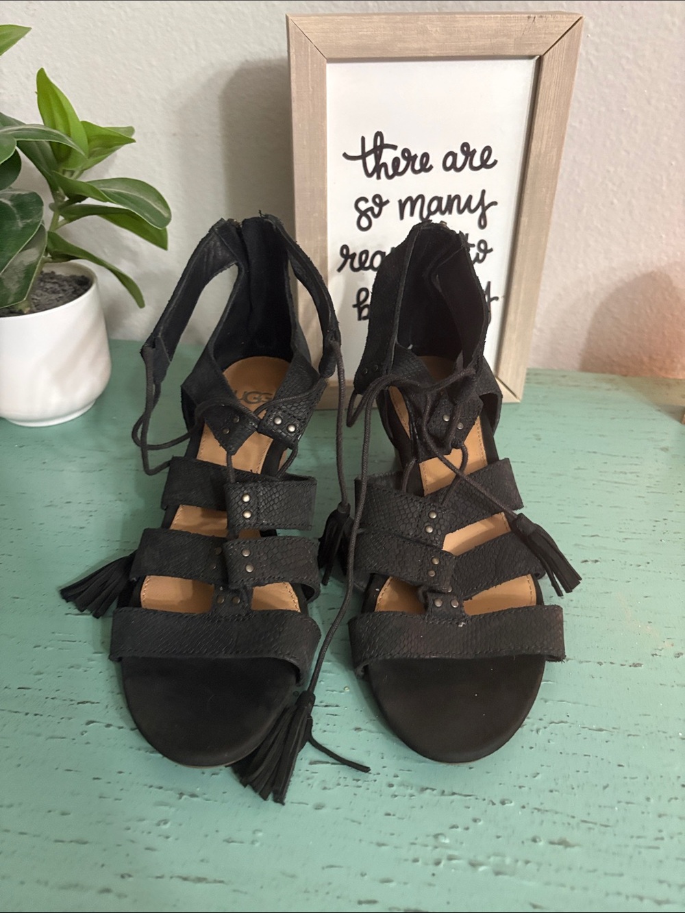 UGG Black Lace-Up Strappy Tassel Sandals